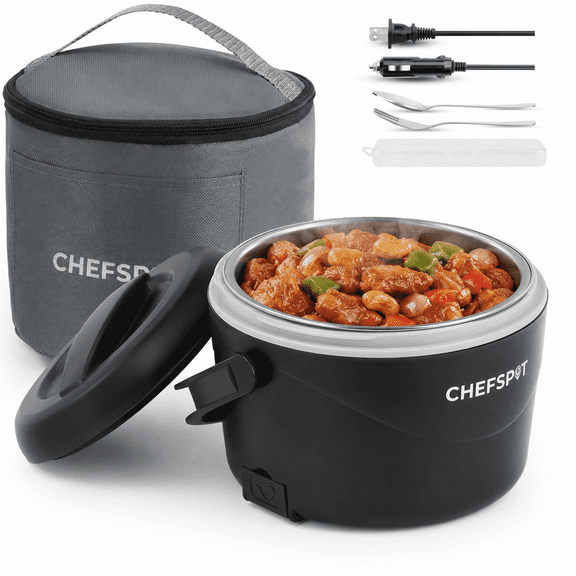 CHEFSPOT Electric Lunch Box, 37 fl oz Portable Food Warmer for Car, Truck, and Office, 12V/24V/120V