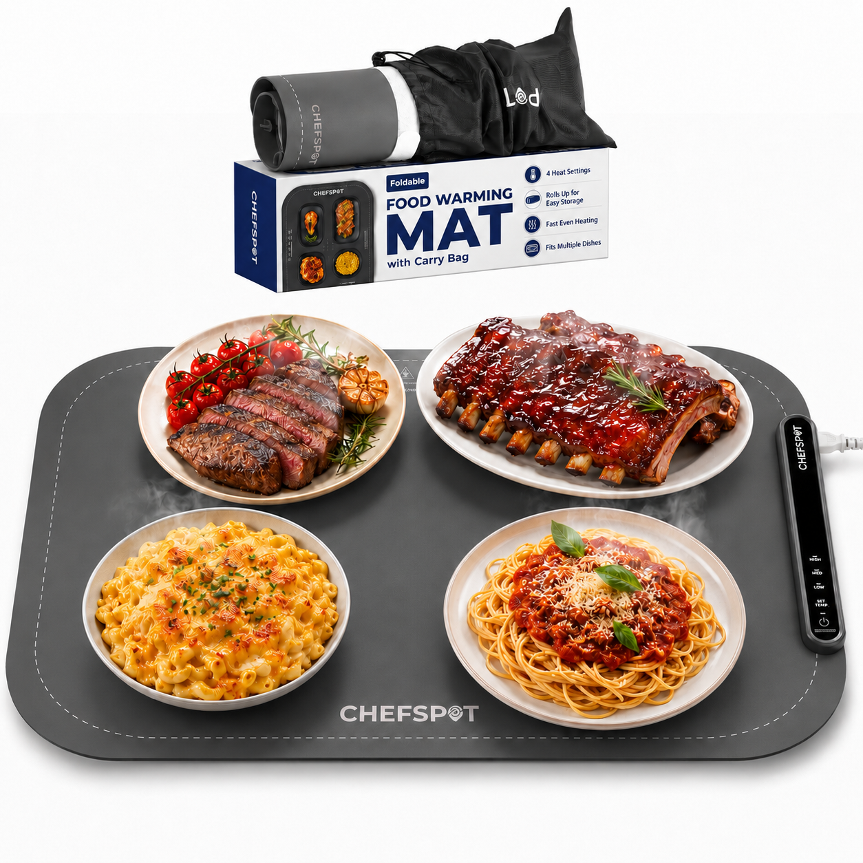 Alfombrilla calientaplatos CHEFSPOT, bandeja eléctrica plegable para buffet con bolsa de transporte, gris