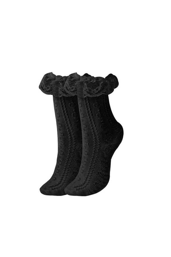 Crew Socks for Women Lace Ruffle Frilly Socks Cotton Cute Socks Thin Breathable Socks Black