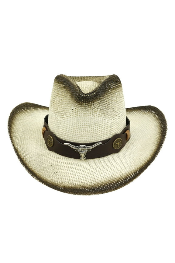 Sun Hats for Women Men Retro Western Cowboy Riding Hat Leather Belt Wide Cap Color Block Hats Coffee