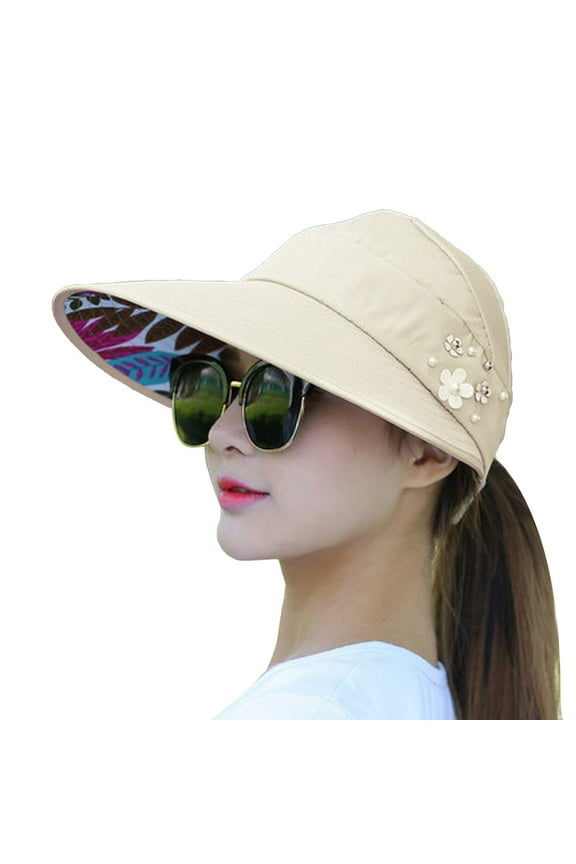 Visor Hats for Women Summer Foldable Sunscreen Beach Hat Sunshade Floral Hats Beige