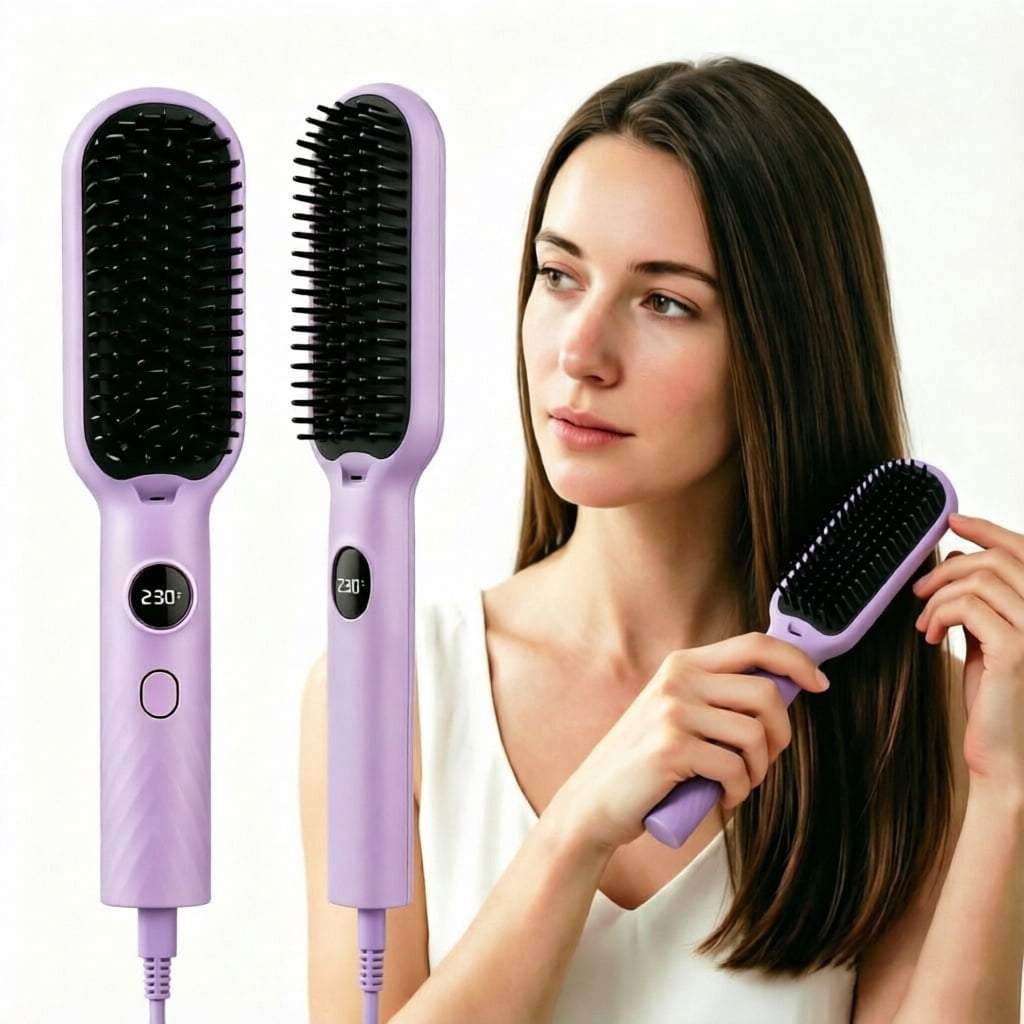 FLOWER Straightening Hot Brush, Ceramic Heated Plates, Ionic