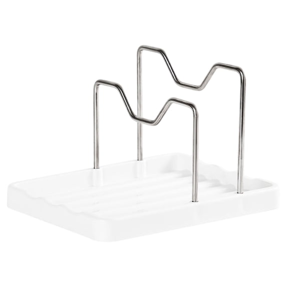 CHELIASD 2 in 1 Pot Lid Holder & Spoon Rest for Kitchen Counter, Plastic Utensil Rest with Stainless Steel Pan Lid Holder Organizer While Cooking, Countertop Space Saving Pot Cover Rack