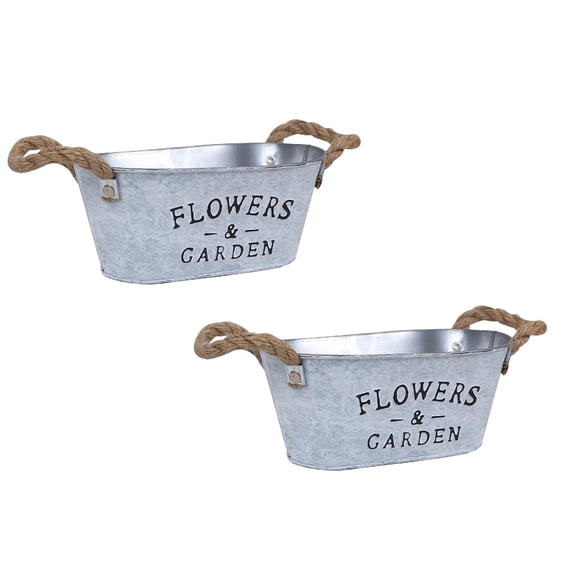 CHELIASD 2PCS Vintage Farmhouse Galvanized Oval Planter Tubs, Sturdy Metal Tin Buckets with Handles, Medium Plant Containers for Outdoor Flowers Garden Patio Decor,6.1 x 10.24 Inch