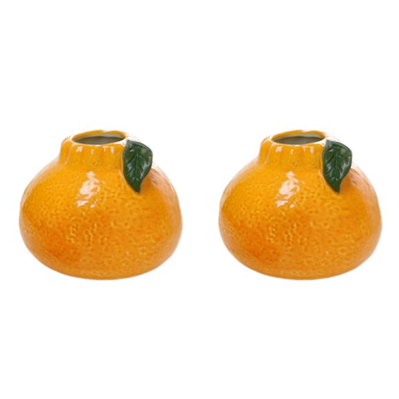CHELIASD 2Pcs Ceramic Orange Vase with Green Leaves Cute Tangerine Shape Ceramic Planter Hydroponics Vase Small Orange Flower Pot Living Room, Bookshelf, Office Home Decor