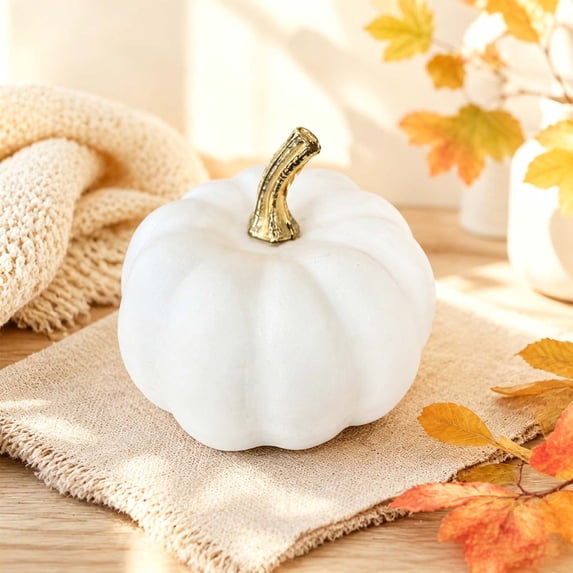 CHELIASD 3-Pack 3.14 Inch White Faux Pumpkins with Gold Plating - Elegant Artificial Pumpkin Set for Fall Table Centerpiece, Thanksgiving Indoor Decor Display