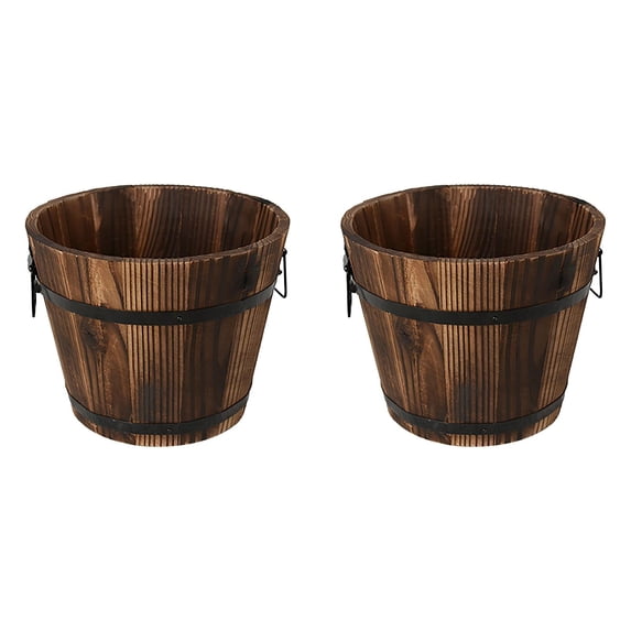CHELIASD 4.72 Inch Rustic Wooden Barrel Planter: Wood Barrel Bucket Flower Pots Indoor Outdoor Plants Boxes Container for Home Garden Patio Backyard (Coffee,2PCS)