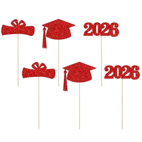 CHELIASD 6PCS Glitter Graduation Centerpieces for Tables, Cap & Diploma Cutouts on Sticks, Vase Decor with Confetti, Class of 2026 Table Toppers for College or High School