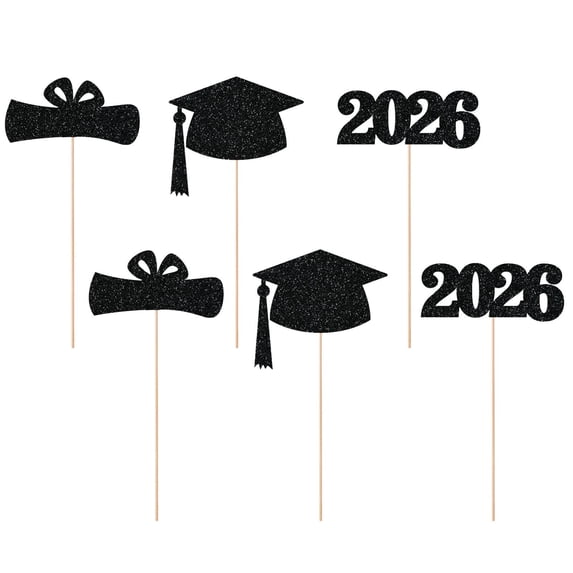 CHELIASD 6PCS Glitter Graduation Centerpieces for Tables, Cap & Diploma Cutouts on Sticks, Vase Decor with Confetti, Class of 2026 Table Toppers for College or High School