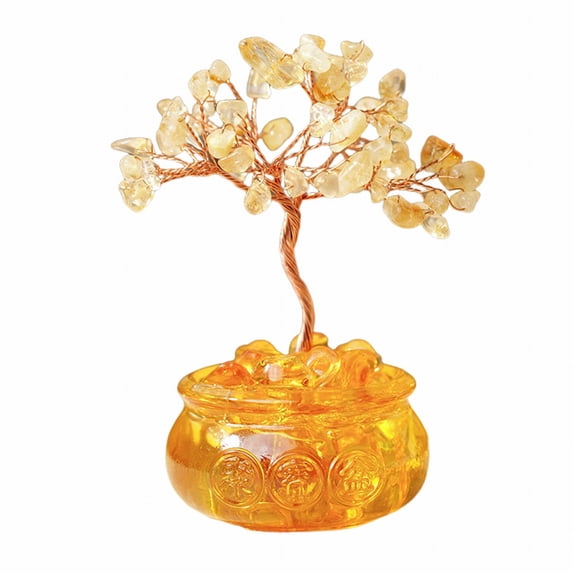 CHELIASD Feng Shui Citrine Money Tree Decorative Crystal Bonsai for Home and Office, LuckyWealth Tree with Base Gold Coin and Amulet, Small Desktop Fortune Ornament Requires