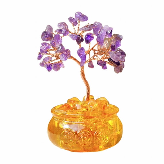 CHELIASD Feng Shui Citrine Money Tree Decorative Crystal Bonsai for Home and Office, LuckyWealth Tree with Base Gold Coin and Amulet, Small Desktop Fortune Ornament Requires