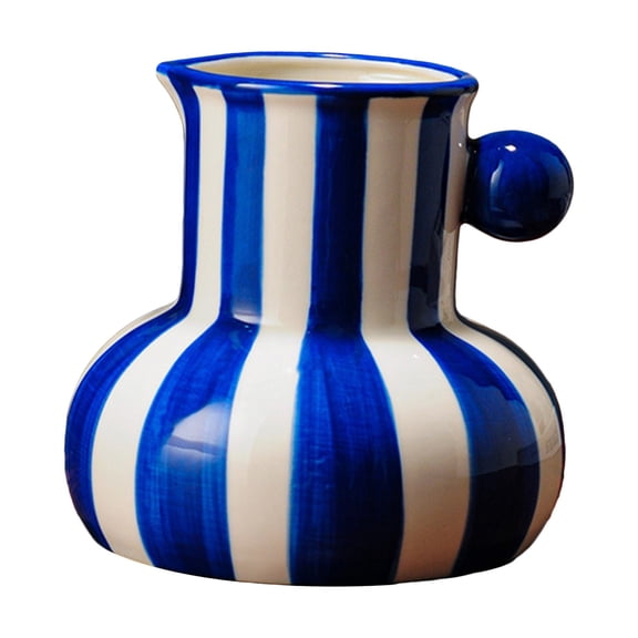 CHELIASD Painted Striped Ceramic Vase, Mid Century Retro Checkered Vases for Flowers Display, Desktop Flower Container with Handle for Living Room Office Kitchen Decor