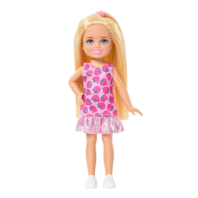 Barbie Club Chelsea Small Doll, 6-Inch with Blonde Hair in Strawberry-Print Dress & Shoes