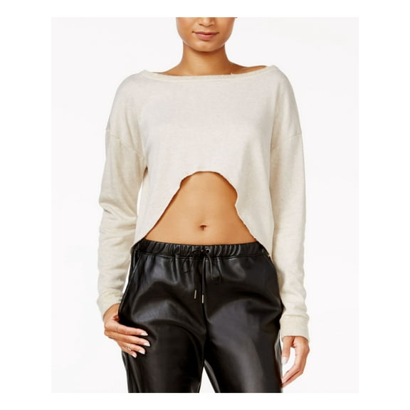 CHELSEA SKY Womens Beige Long Sleeve Boat Neck Crop Top L