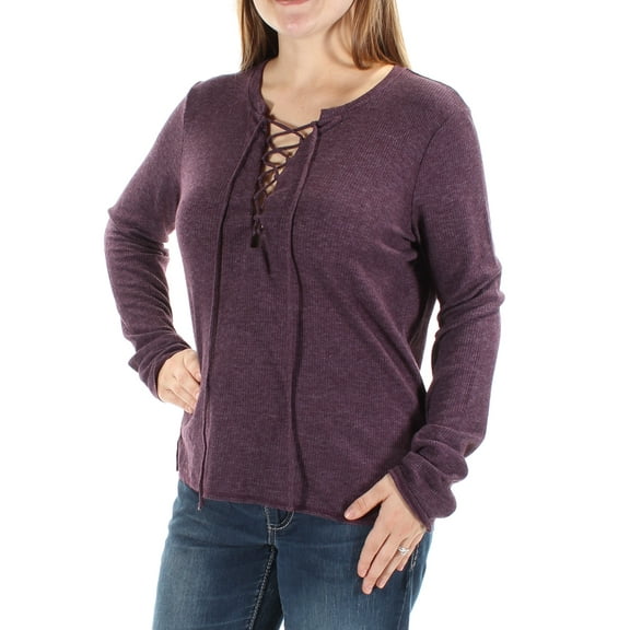 CHELSEA SKY Womens Purple Tie Long Sleeve V Neck Tunic Top M