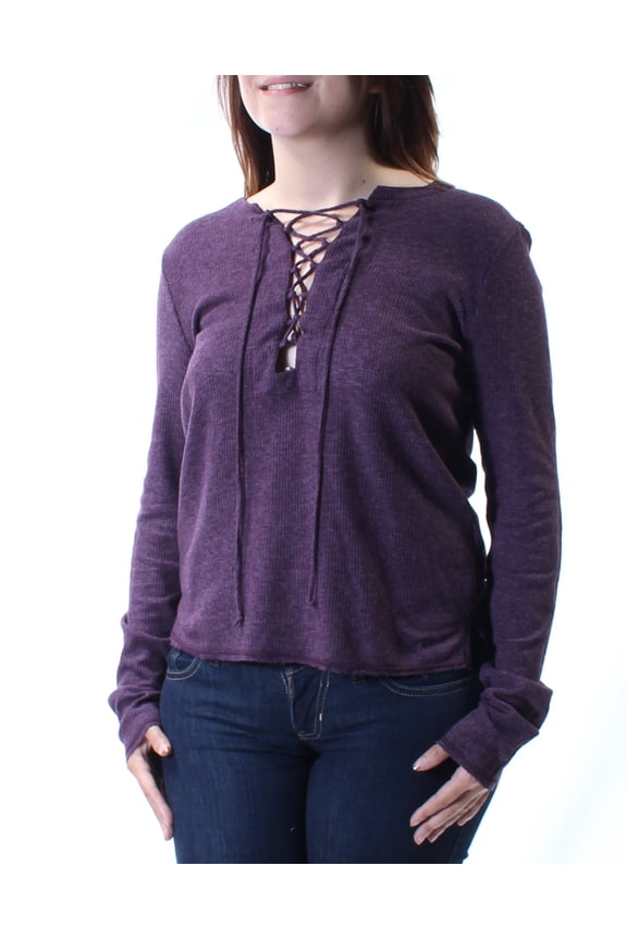 Womens Purple Tie Long Sleeve V Neck Tunic Top S