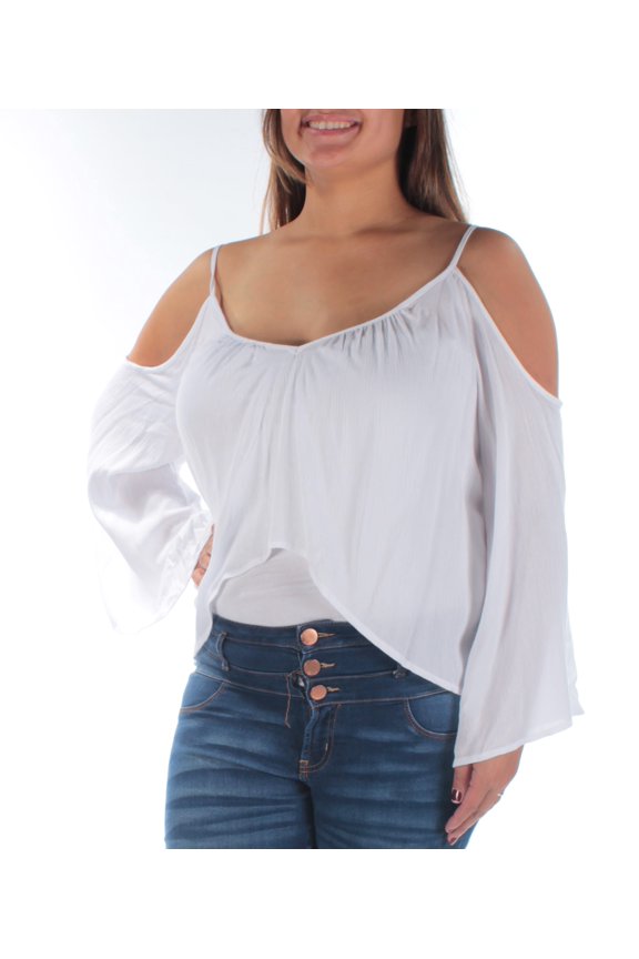 Womens White Cut Out Sheer Bell Sleeve V Neck Top Size: S