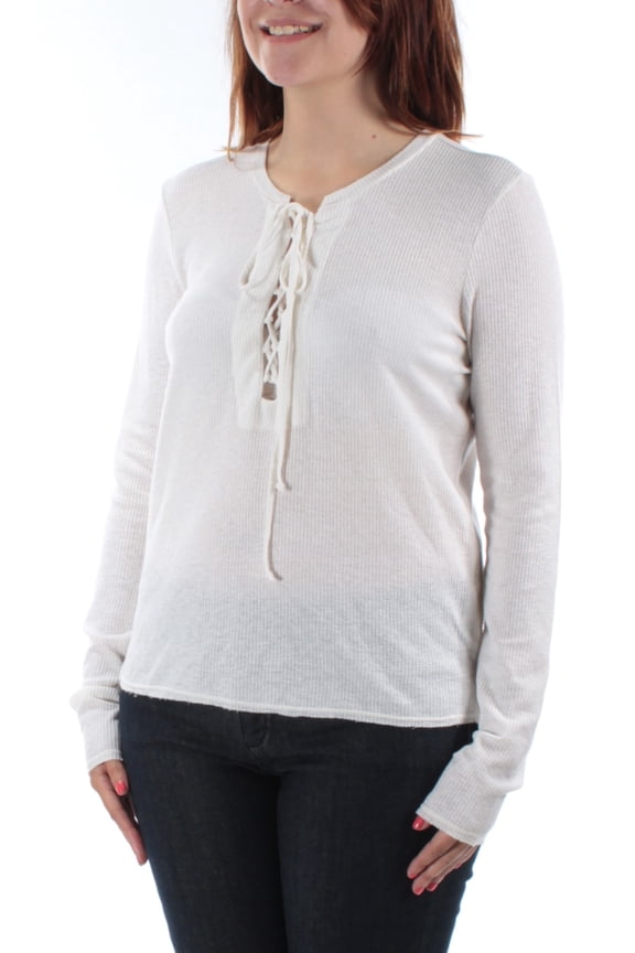 Womens White Tie Long Sleeve V Neck Tunic Top Size: S