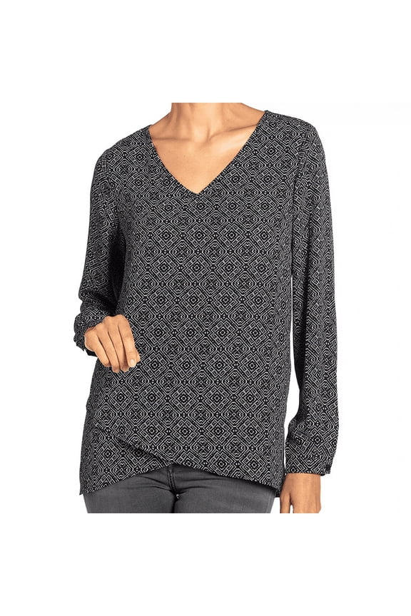 Long-Sleeve Crossover Woven Top In Black and White Geo Print, S