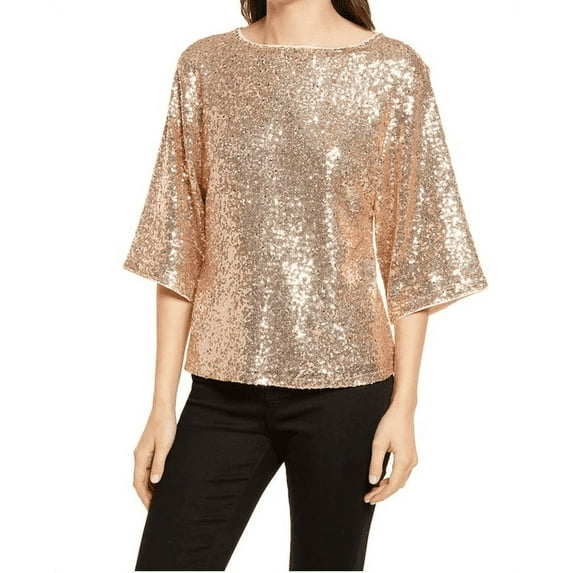 CHELSEA28 Women's Glittery Sequin 3 /4Sleeve Crew Neck Blouse Beige XS, $49 NWT