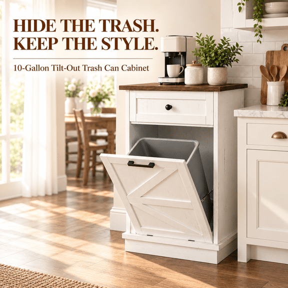 CHEMPFR Tilt Out Trash Can Cabinet, 10 Gallon Hidden Garbage Bin with Drawer, Farmhouse Dog-Proof Trash Cabinet for Kitchen & Laundry, White/Brown