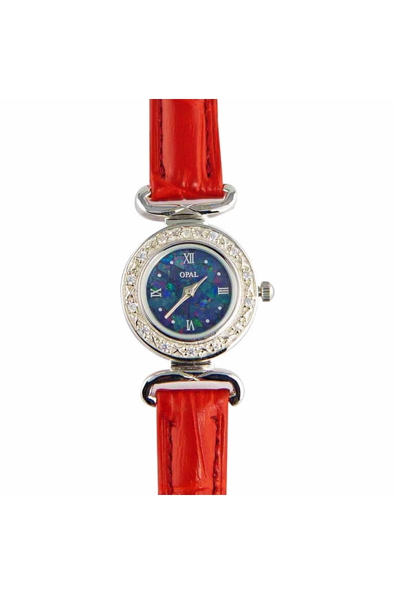 CHEN ABUNDANT RADIANCE WOMANS STERLING SLIVER OPAL WATCH WITH GENUINE ROYAL RED LEATHER BAND