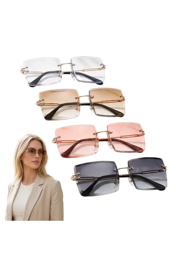 4 Pairs Rimless Sunglasses Women Rectangle Frame Metal Temple UV400 Protection for Travel