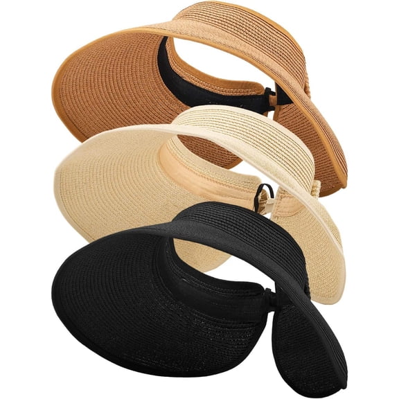 CHENFENG Beach Hat 3-Pack Foldable Straw Sun Visor for Women Wide Brim UV Protection Easy Carry for Beach & Camping