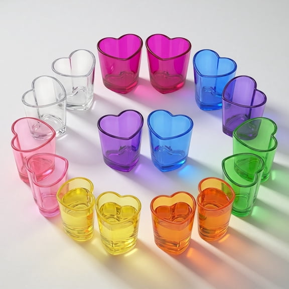 CHENFENG Shot Glasses Set 16pcs Colorful Heart Shaped Plastic Cups 1.5oz for Tequila, Vodka & Cocktails