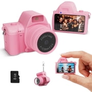 CHENGDAO 2K Mini Camera Keychain, Retro Keychain Camera with Flash, Filters and TF Card, Pink