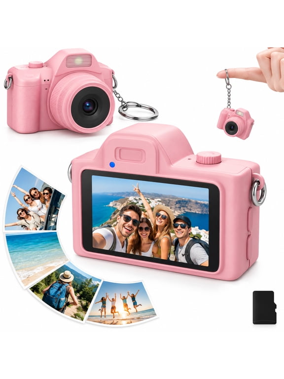 2K Mini Camera Keychain, Retro Keychain Camera with Flash, Filters and TF Card, Pink
