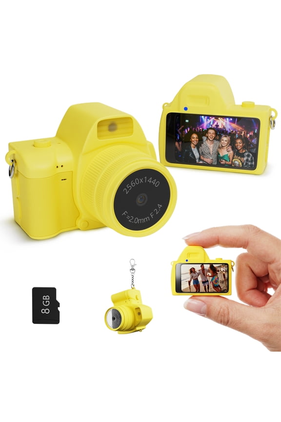 Mini Keychain Digital Camera, 2K HD Portable Video Camera for Kids, with TF Card, Flash & Filters, Gifts for Kids, Teens, Birthday-Yellow