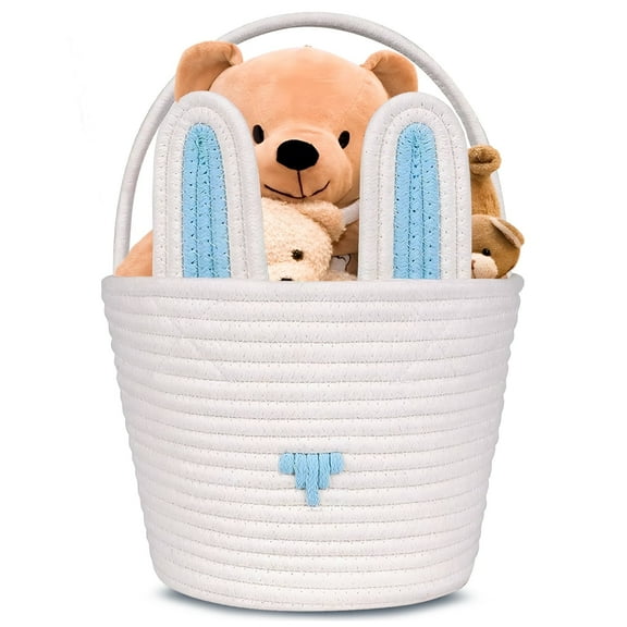CHENGDAO Cotton Rope Storage Basket with Removable Bunny Ears, Foldable Organizer Bin, White&Blue