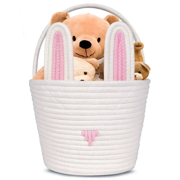 CHENGDAO Storage Basket with Removable Bunny Ears, Picnic Basket, Storage Folding Basket, Pink&White