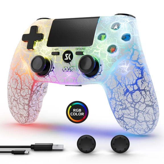 CHENGDAO Wireless Controller for P4/PC, with RGB Lighting, Double Shock, 6-Axis Gyro Sensor-White
