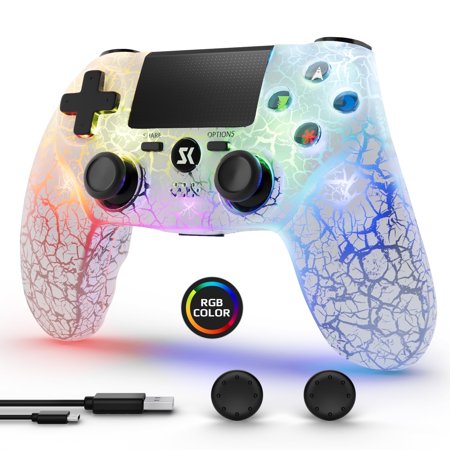 CHENGDAO Wireless Controller for P4/PC, with RGB Lighting, Double Shock, 6-Axis Gyro Sensor-White