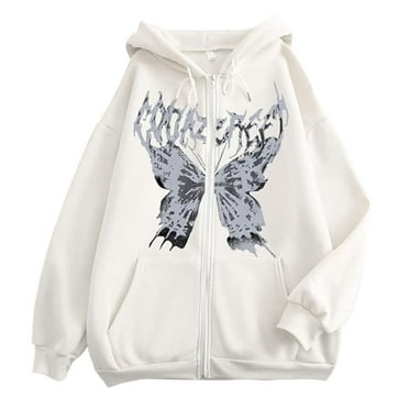 CHENGHHEIP Women'S Sweatshirts Tops Butterfly Print Front Zipper Drawstring Hoodies Long Sleeve Athletic Loose Fit Solid Color Casual White L