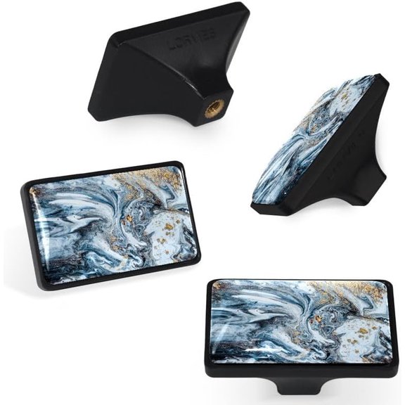 CHENGJIA 4 Pack 1.65" Marble Decorative Cabinet Knobs, ABS Glass Short Rectangle Black, Dresser Drawer Door Handles Pulls for Home Kitchen Bedroom (Blue Grey Gold Texture)