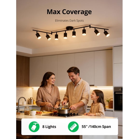CHENGJIA 8-Light Ceiling Track Lighting Fixtures for Kitchen, Black Modern Led Track Light for Living Room & Closet, 4.6 ft Long Flexible Adjustable Arms, GU10, Bulbs Not Included