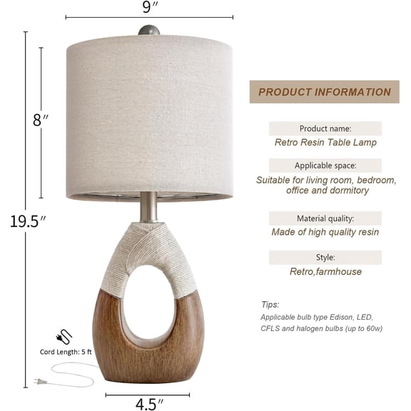 CHENGJIA Boho Table Lamps Bedroom Living Room Set 2,Suitable for Small Space,Farmhouse RattanTable Lamp 19Rustic Egg Design Resin Light Decoration,Nightstand Bedside Lamps for Office Study Rest