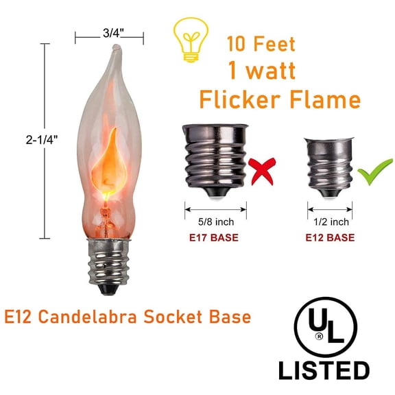 CHENGJIA Christmas Flicker Flame String Lights, 10Ft Amber Flame String Lights with 10 C18 Flame Bulbs, E12/C7 Base Christmas Lights for Indoor/Outdoor Decoration Party Room Garden Docor-Green Wire