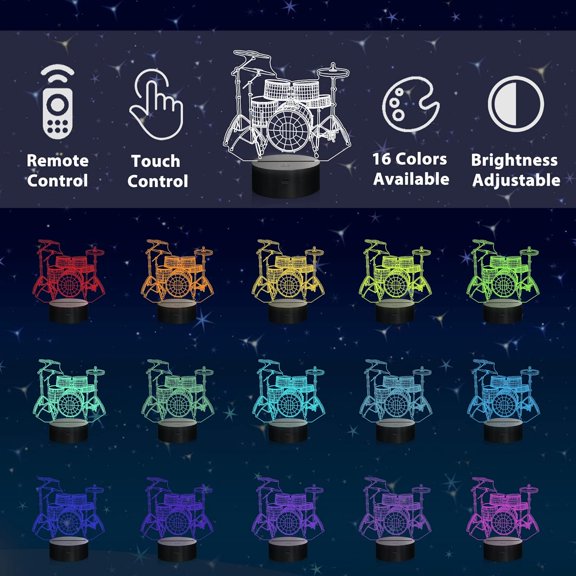 CHENGJIA Drum kit Night Light, 3D Illusion lamp for Kids, 16 Colors Changing with Remote & Timer, Amazing Idea Choice for Musical Instrument Shop Home Party Supply Decoration