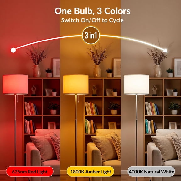 CHENGJIA E26 7W A19 Block Blue Light Sweet Dream Sleep Light Bulb, 625nm Red Light Melatonin-1800K Amber Light-4000K Natural Daylight, LED Sleep Aid Bulb, AC 110-130V(2-Pack)