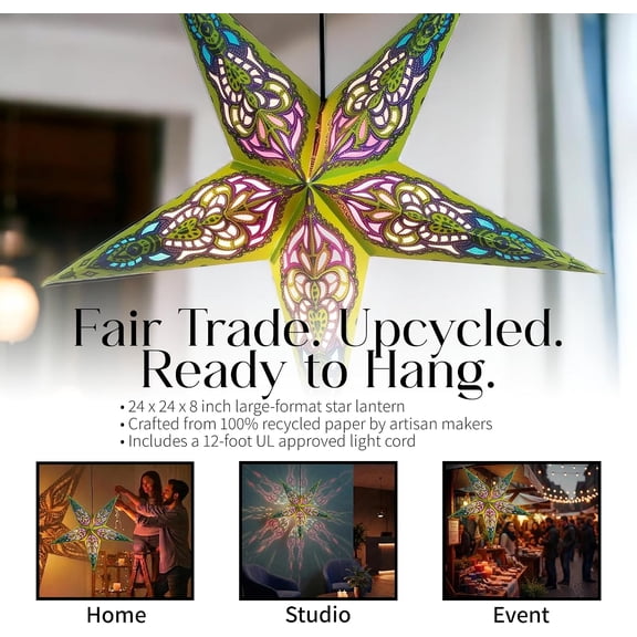 CHENGJIA Paper Star Lantern 24 Inch - Recycled Boho Lamp Candy Crush