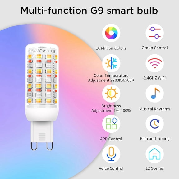 CHENGJIA Wi-Fi RGBCW Smart G9 LED Bulbs,Compatible with Alexa/Google Home,Multicolour Dimmable,2700K-6500K,AC 120V 4W,400LM Brightness Adjustable 1%-100%,with Musical Rhythm LED Light Bulb,3 Pack
