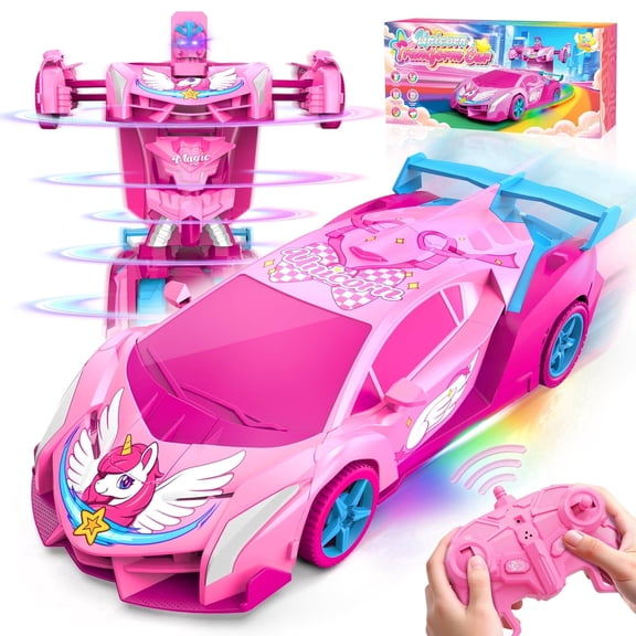 Atvuaey Pink Unicorn Transform RC Car with LED Lights, Fast 360°Rotation & 2.4GHz Robot Remote Control Car, Birthday Gifts for 3-12 Year Old Girls
