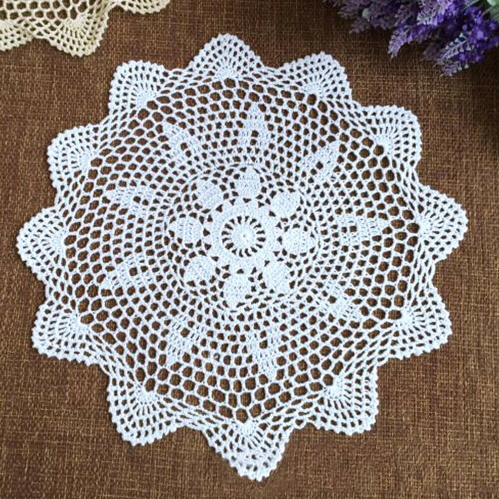 CHENGSI 15Inch Vintage Crochet Doilies Round Cottons Lace Table Placemats Knitted Tablecloth Crafts Tables Food Doily Cloth Set Corrugated Edge (15 Inch White)
