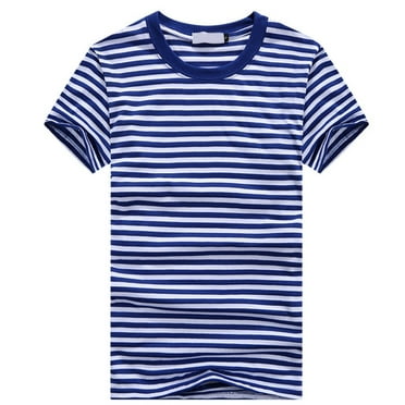 CHENGSI Casual Shirts Mens Short Sleeve Striped Blue White Cotton tee Shirt Summer Holiday Travel Basic Pullover Crew Shirt (S)