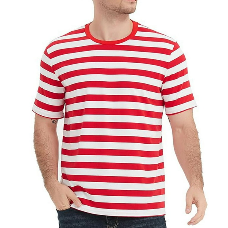 CHENGSI Casual Shirts Mens Short Sleeve Striped Red White