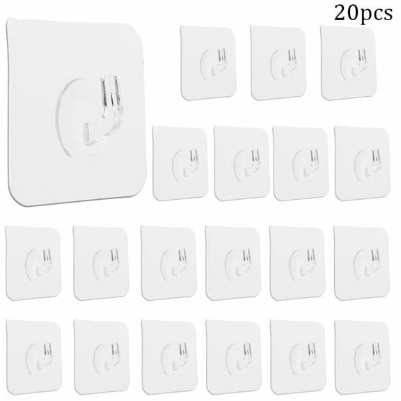 CHENGSI for Clear Adhesive Wall Hooks 20 Pack - Strong Sticky Heavy Duty Transparent Hangers for Kitchen Bathroom - Waterproof Oil-Proof Dustproof PVC Hooks 2.36x2.36 Inch